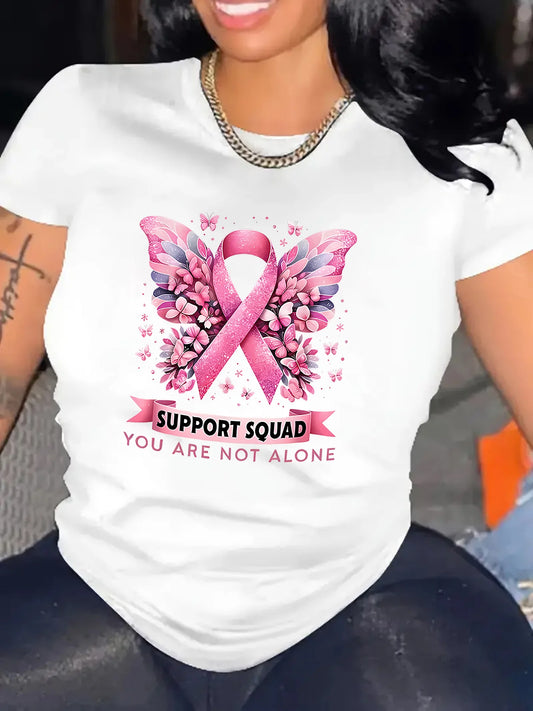 the SUPPORT SQUAD - Women's Breast Cancer Awareness Butterfly Ribbon Print, Short Sleeve Casual Women's Clothing Street Clothes