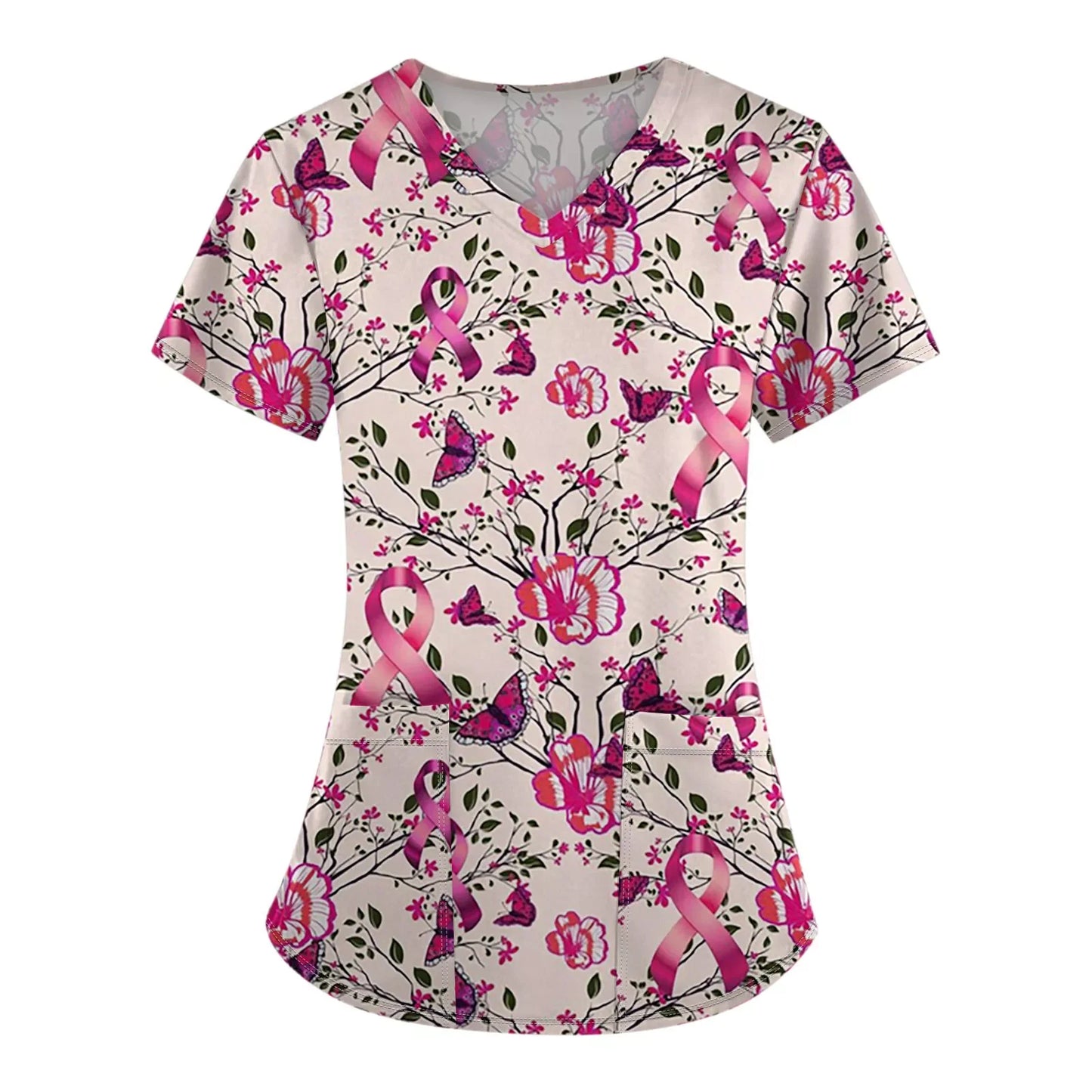 Surgical Uniforms Woman Pink Ribbon Print Heal Nurse Tops V-Neck Short Sleeve Patch Pocket Cancer Fighter Clinical Uniform Woman