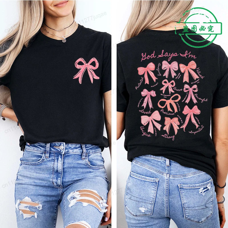 the GOD SAYS - God Says I Am Coquette Bow Trend Women Fashion Clothing Graphic T-Shirts, Clothes Boho Jesus Bible Verse Print Shirt Casual Tee
