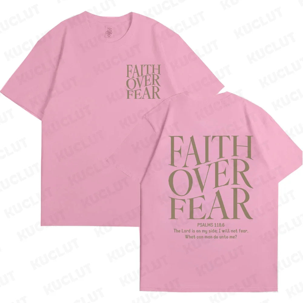 the FAITH OVER FEAR - Christian Women T-Shirts, Christian Clothes, Jesus Fashion Trendy T-Shirts Bible Verse Sportwear Aesthetic Clothes