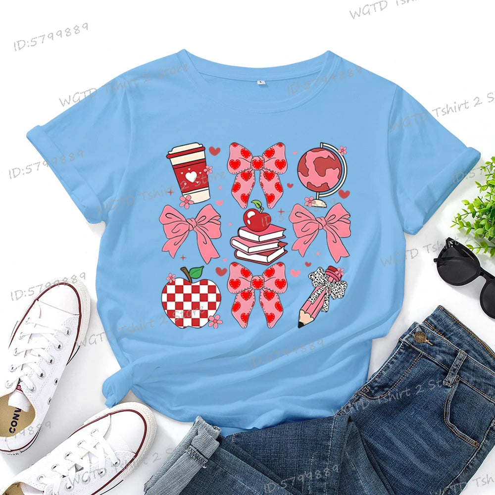 Teacher's Day Graphic Print T-Shirt Teacher Gifts Pink Bows Coquette Crewneck Clothing Back To School Shirt Cute Teacher Tees