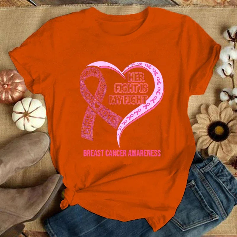 the HER FIGHT - Fashion Breast Cancer Print T-Shirt, Summer Fashion Casual T-Shirts, Short Sleeve Creative Personalized Tops