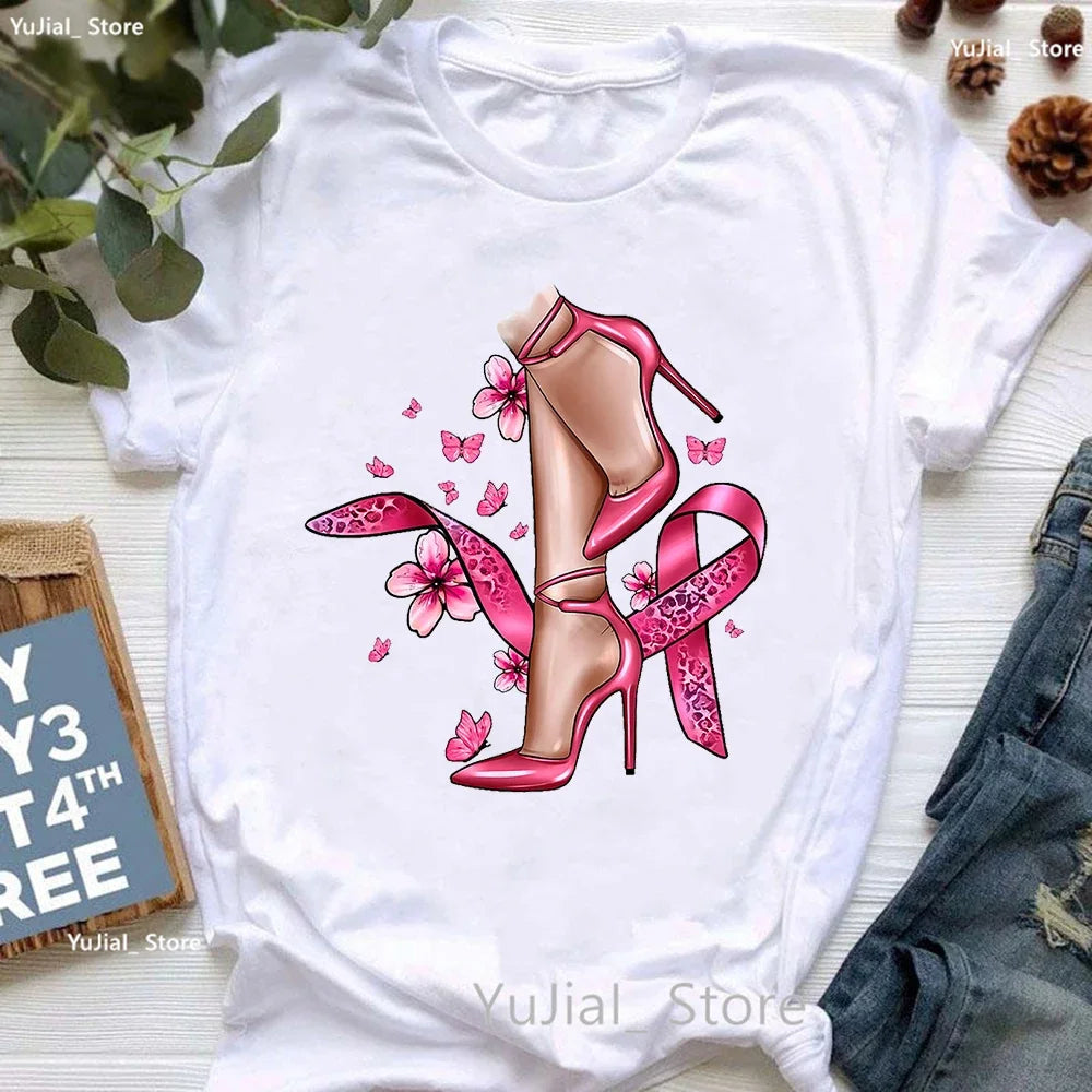 Breast Cancer Awareness Print T Shirt Women Pink High Shoes Tshirt Femme Summer Short Sleeve T-Shirt Female Dropshipping