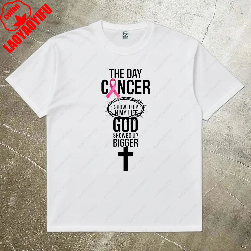 the GOD SHOWED UP - Breast Cancer Awareness Women Shirt, Breast Cancer Awareness God Showed Up Bigger Christian Quote T-Shirts Tops