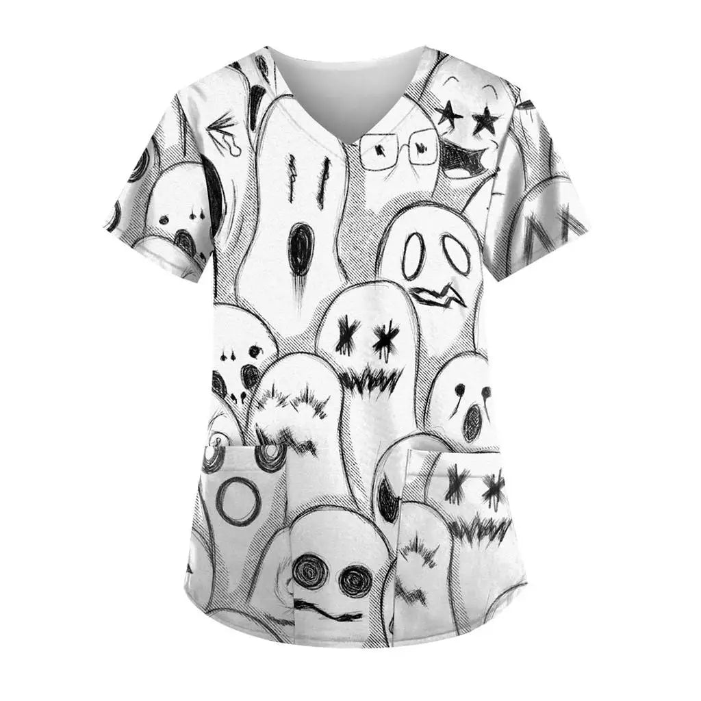 Women's Hospital Uniform Halloween Cartoon Print Dental Nurse Tops V-Neck Short Sleeve with Pocket Tee Medical Uniform for Women
