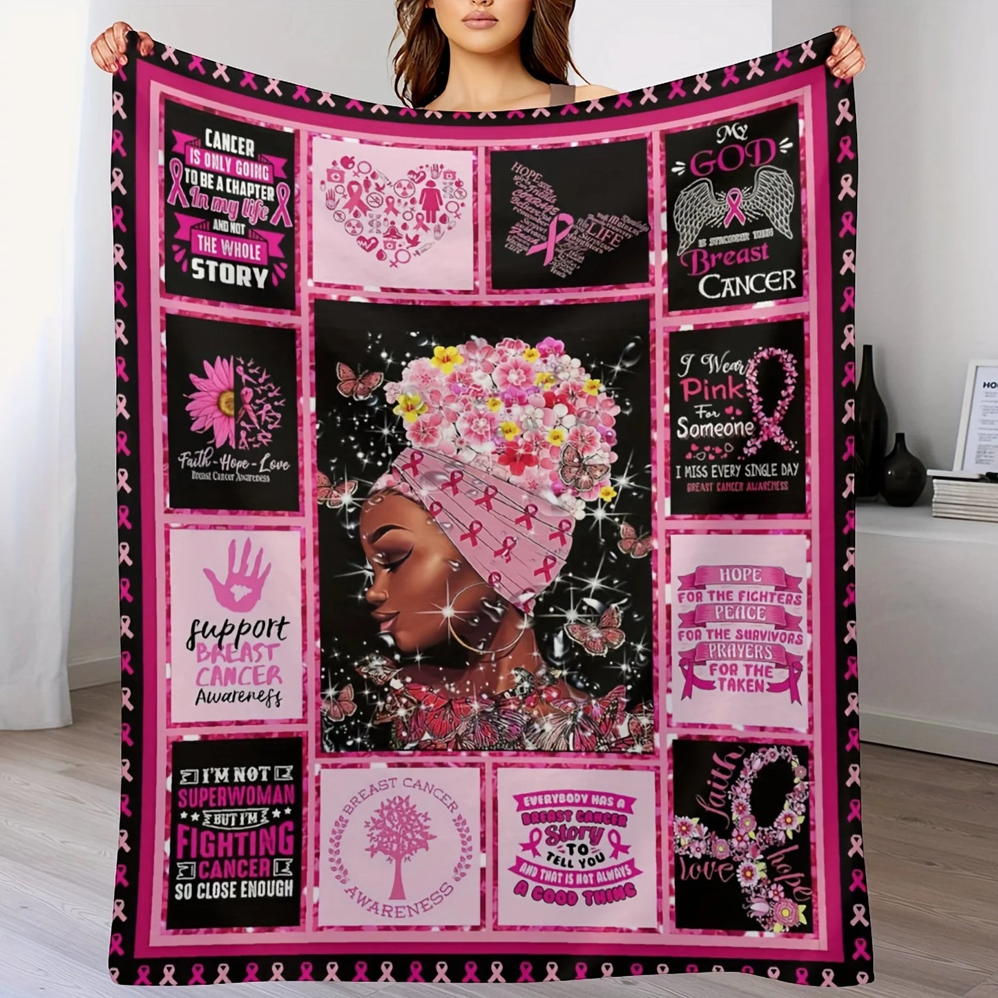 the WARRIOR WOMAN - Breast Cancer Awareness Throw Blanket, Ultra Soft Cozy Flannel Blanket for Bed, Sofa Living Room Perfect Gift for Women