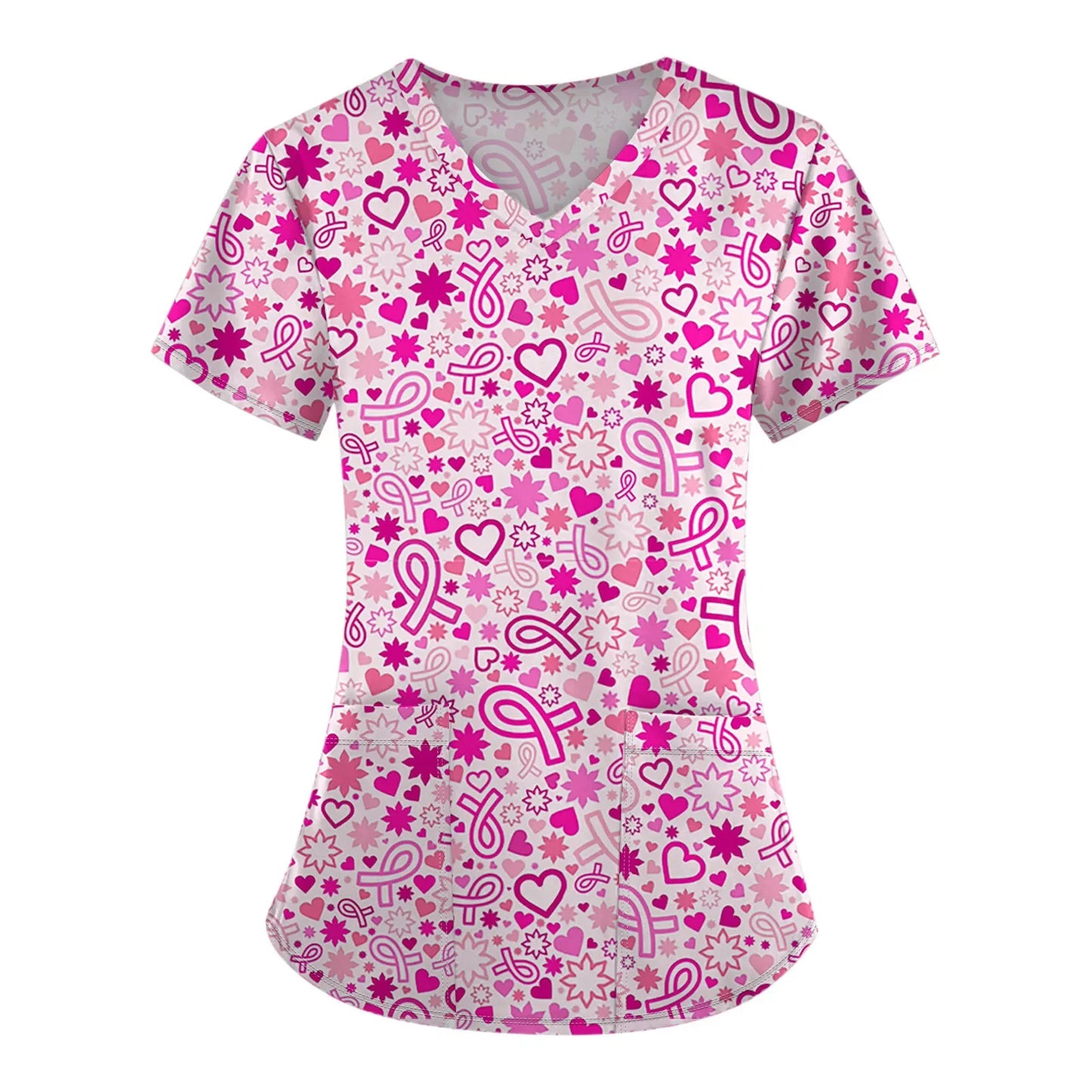 Surgical Uniforms Woman Pink Ribbon Print Heal Nurse Tops V-Neck Short Sleeve Patch Pocket Cancer Fighter Clinical Uniform Woman