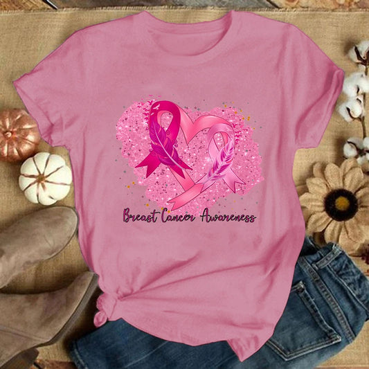 the GLITTER HEART - Breast Cancer Summer Graphic Casual Short Sleeve Round Neck T-Shirts