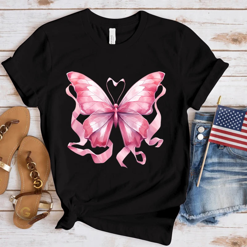 the BUTTERFLY RIBBON - Breast Cancer Awareness Butterfly Print T-Shirts