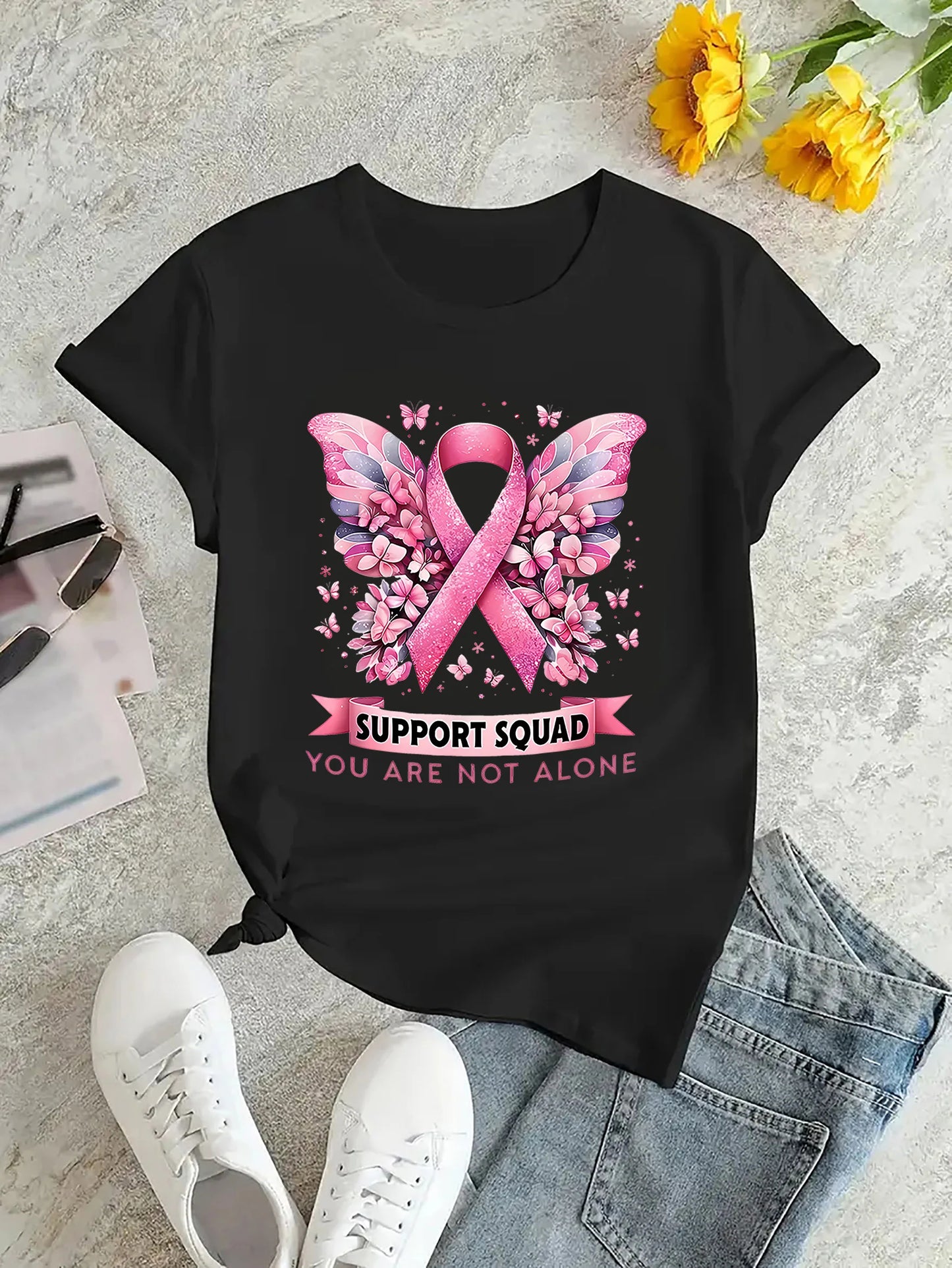 Women's Breast Cancer Awareness Butterfly Ribbon Print Harajuku Short Sleeve Casual Women's Clothing Street Aesthetic Clothes