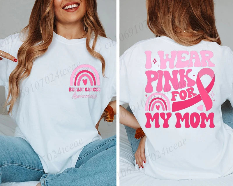 the PINK FOR - I Wear Pink for Breast Cancer Print Women T-Shirt, Pink Ribbon Support Squad Shirt for Women, Fashion Casual Clothes Summer T-Shirt