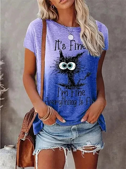 the I'M FINE - 3D Print T-Shirts Women Streetwear Summer Cartoon Cats Fine, Casual Fashion Short Sleeve T Shirt O-neck Tees Tops Clothing