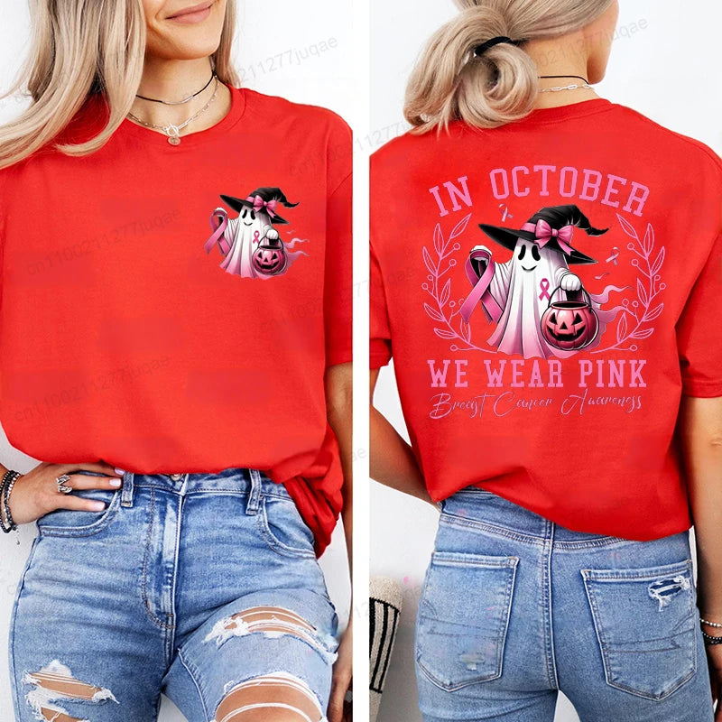 In October We Wear Pink Print Tshirt Women Fashion T Shirt Casual Summer Tee Shirts Breast Cancer Streetwear Short Sleeve Shirt