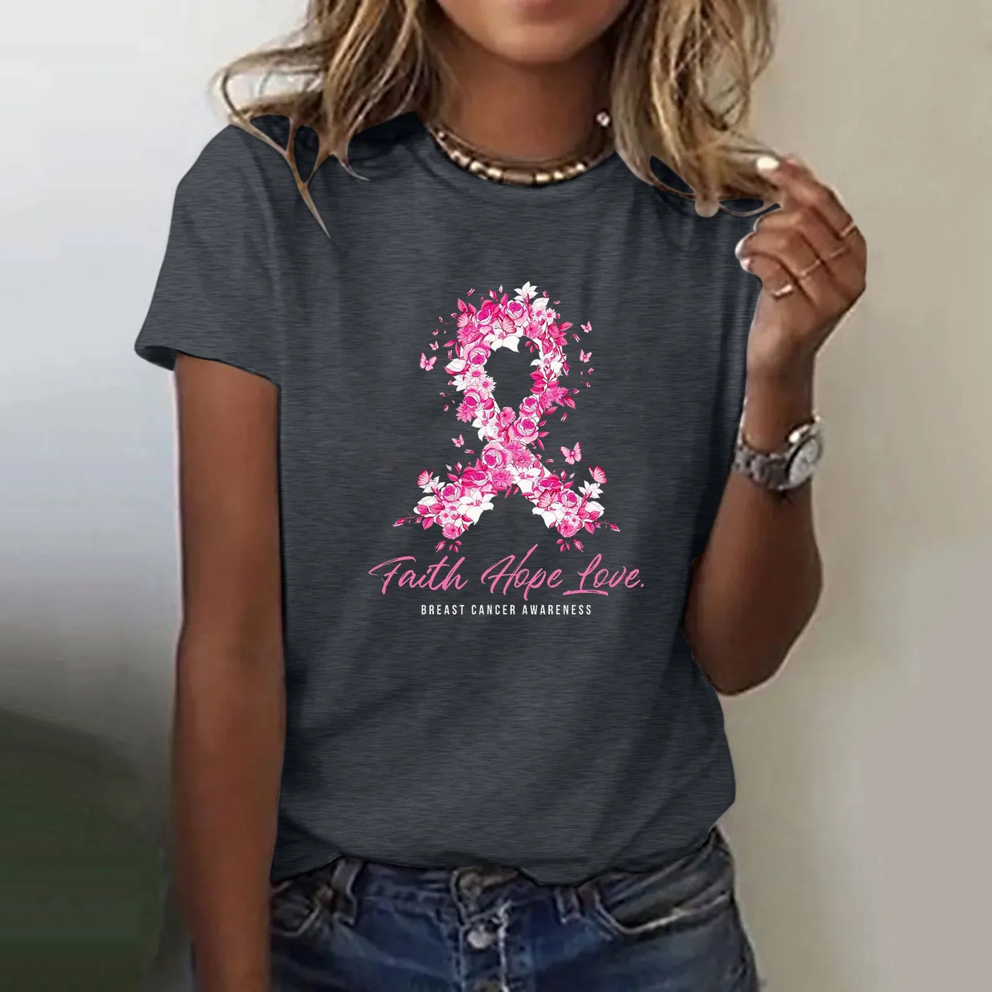the FAITH HOPE LOVE - Ribbon Petal Print Pink Breast Cancer Awareness Graphic T-Shirts