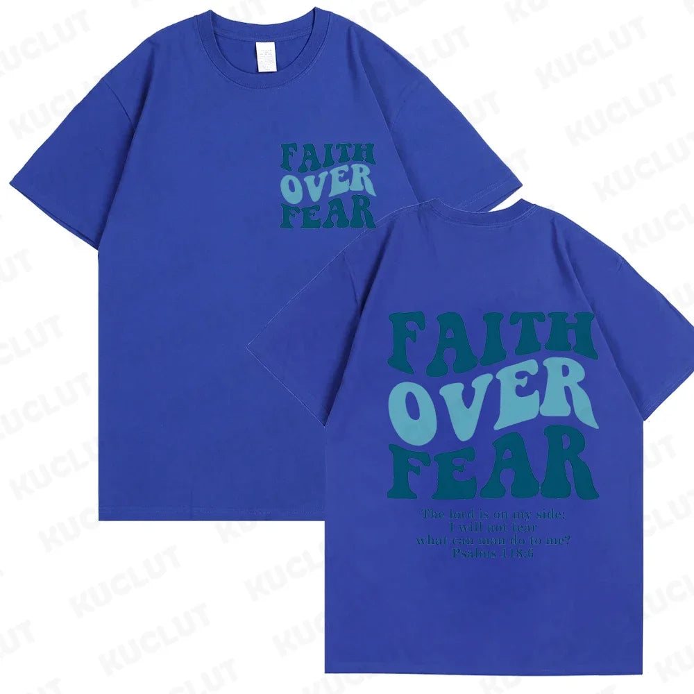 the FAITH OVER FEAR - Christian Women T-Shirts, Christian Clothes, Jesus Fashion Trendy T-Shirts Bible Verse Sportwear Aesthetic Clothes