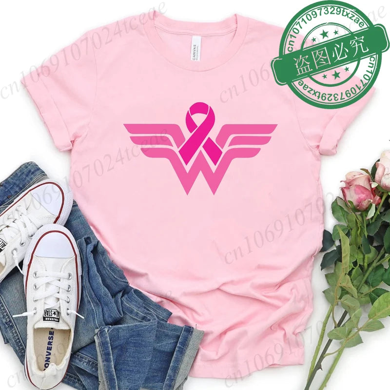 Summer Y2k Women T-shirt Cancer Ribbon Wonder Printed Female Clothing Short Sleeve Breast Cancer Awareness Tops Fighter Tees