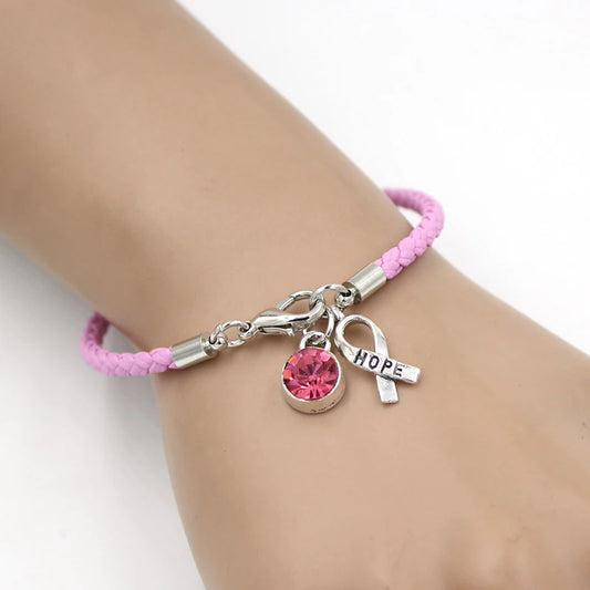 the HOPE FLOATS - New Arrival Breast Cancer Awareness Bracelet Jewelry, Pink Leather Hope Ribbon Charm Bracelets for Cancer Foundation Gift