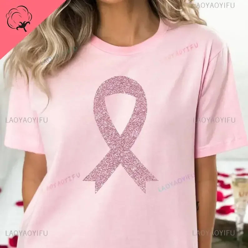 Ribbon Print Breast Cancer Awareness Shirts Cancer Survivor Shirt Pink Ribbon Shirt Breast Cancer Awareness Gift Tees Cotton Tee