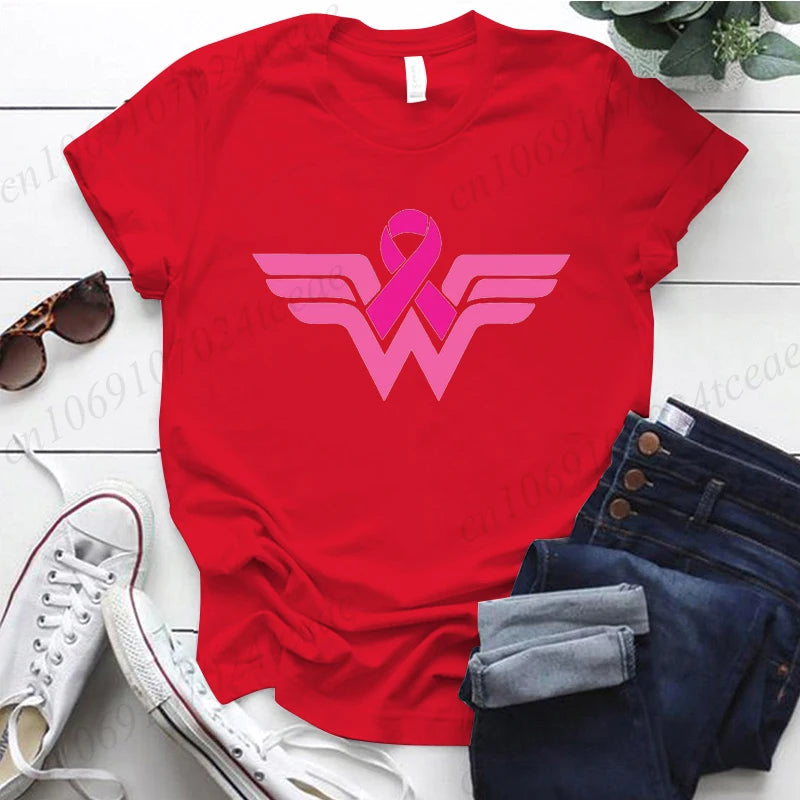 Summer Y2k Women T-shirt Cancer Ribbon Wonder Printed Female Clothing Short Sleeve Breast Cancer Awareness Tops Fighter Tees