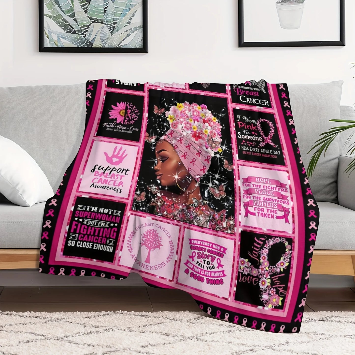 the WARRIOR WOMAN - Breast Cancer Awareness Throw Blanket, Ultra Soft Cozy Flannel Blanket for Bed, Sofa Living Room Perfect Gift for Women