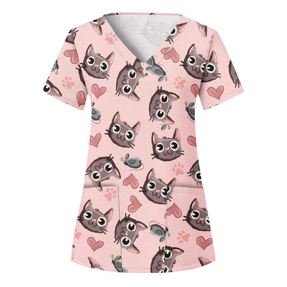 Wholesalers Clinical Uniform Woman Cat Cartoon Print Vet Nursing Tops V-Neck Short Sleeve with Pockets Tees Nurse Uniform Woman