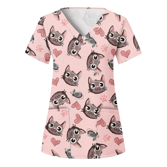 the CAT'S MEOW - Clinical Uniform Woman Cat Cartoon Print Vet Nursing Tops V-Neck Short Sleeve with Pockets Tees, Nurse Uniform Woman