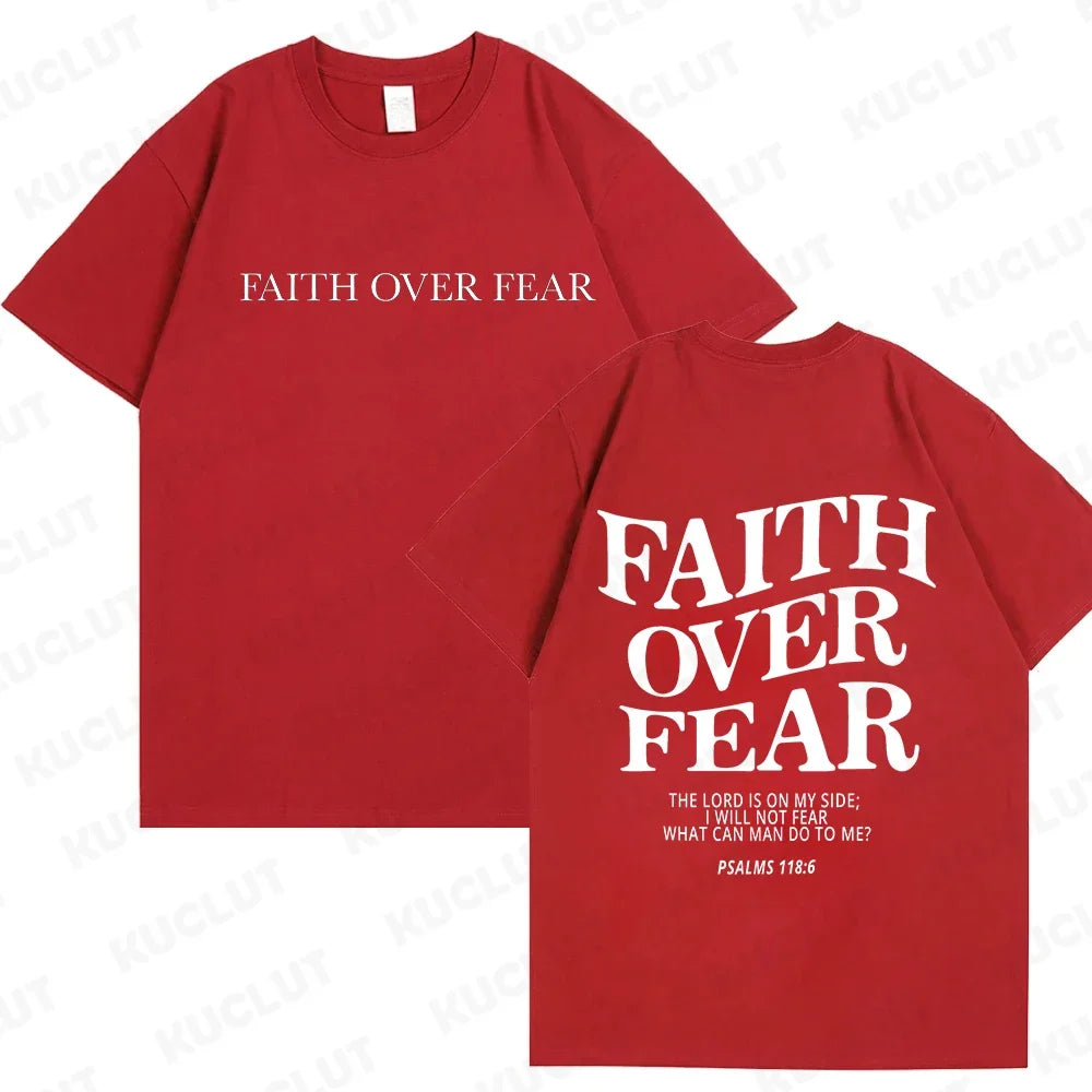 the FAITH OVER FEAR - Christian Women T-Shirts, Christian Clothes, Jesus Fashion Trendy T-Shirts Bible Verse Sportwear Aesthetic Clothes