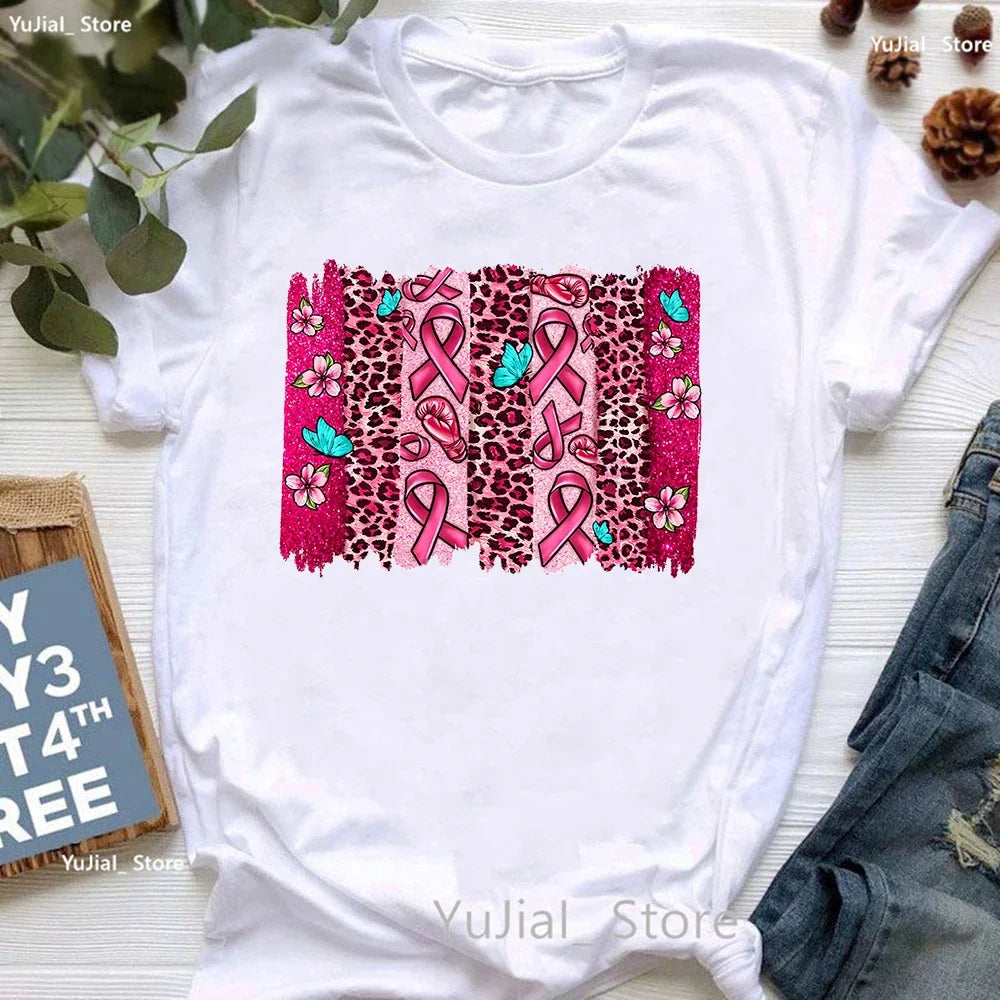 Breast Cancer Awareness Print T Shirt Women Pink High Shoes Tshirt Femme Summer Short Sleeve T-Shirt Female Dropshipping