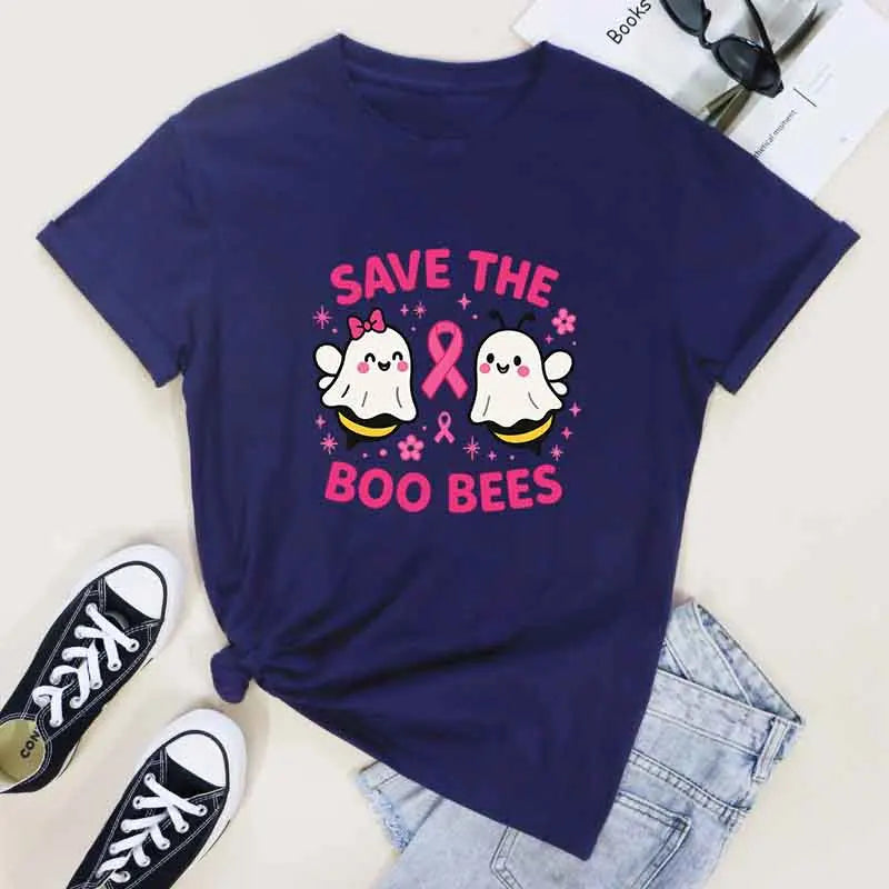 the SAVE THE BOO-BEES - Halloween "Save the Boo Bees" Tees, Funny Ghost Bee Breast Cancer Awareness T-Shirt, Cute Strong Women Pink Ribbon T-Shirt