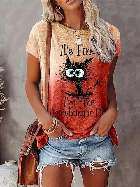the I'M FINE - 3D Print T-Shirts Women Streetwear Summer Cartoon Cats Fine, Casual Fashion Short Sleeve T Shirt O-neck Tees Tops Clothing