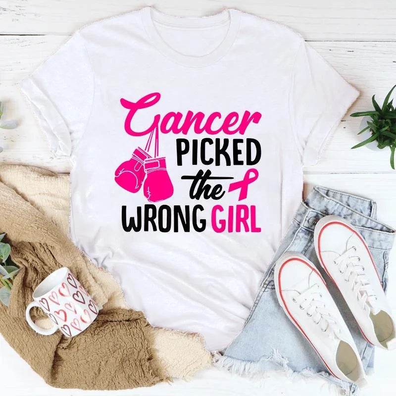 Breast Cancer Cancer Picked The Wrong Girl Printing T-Shirt Fashion Short Sleeve Summer Cool Hip Hop Top Tee