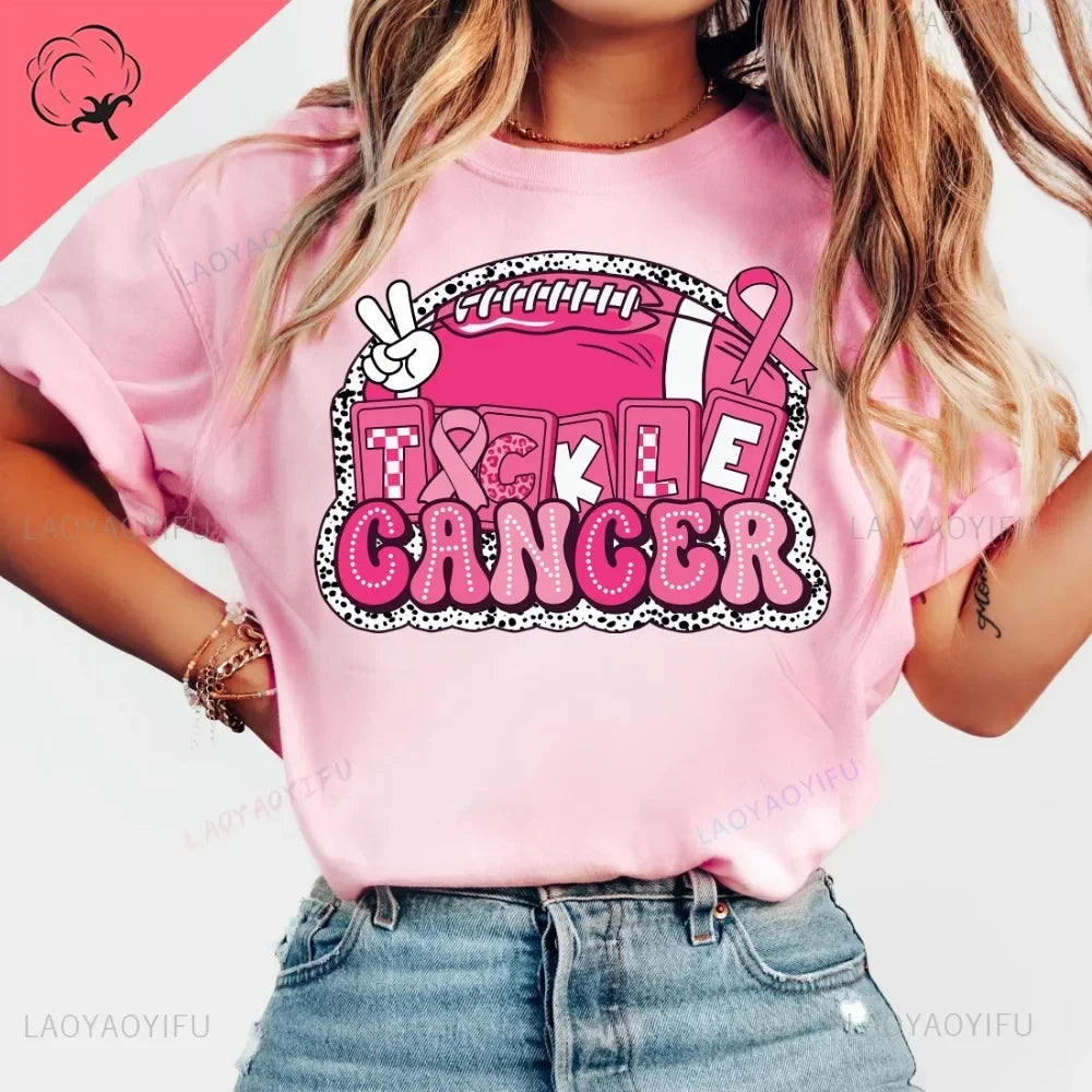 Breast Cancer Awareness Fight Print T Shirt in October We Wear Pink Awareness Ribbon Aesthetic Clothes Pink and White Tops Shirt