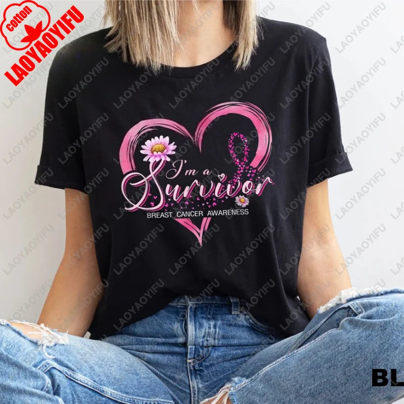Fashion Breast Cancer Cotton Shirt Pink Breast Cancer Awareness T-Shirt Supporter Crew Tees Retro Cotton Woman Short-sleeve Tops