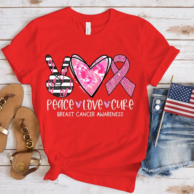 the PEACE LOVE CURE - Breast Cancer Awareness T-Shirt for Women