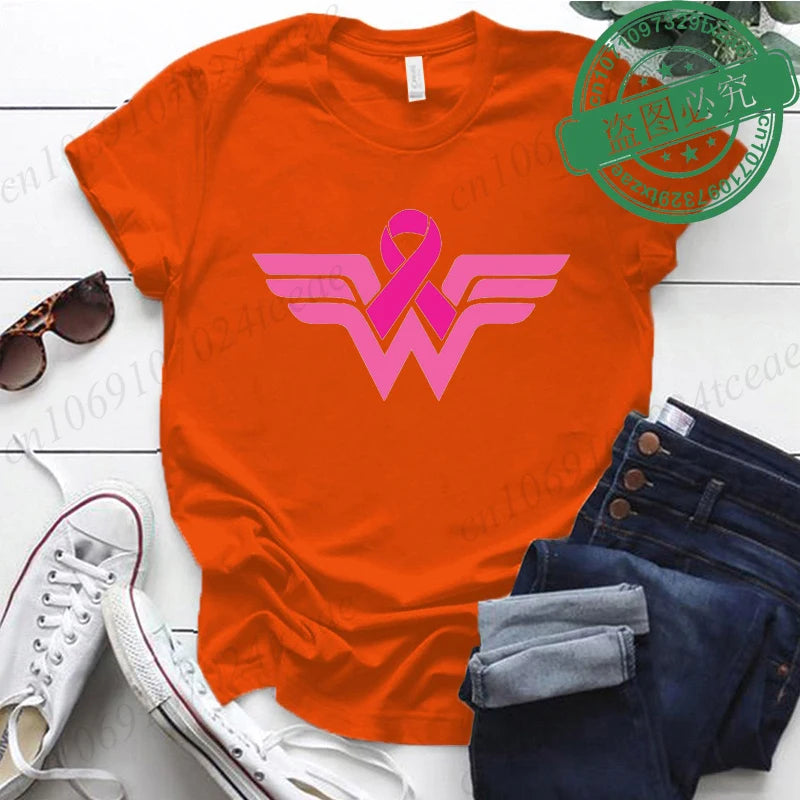 Summer Y2k Women T-shirt Cancer Ribbon Wonder Printed Female Clothing Short Sleeve Breast Cancer Awareness Tops Fighter Tees