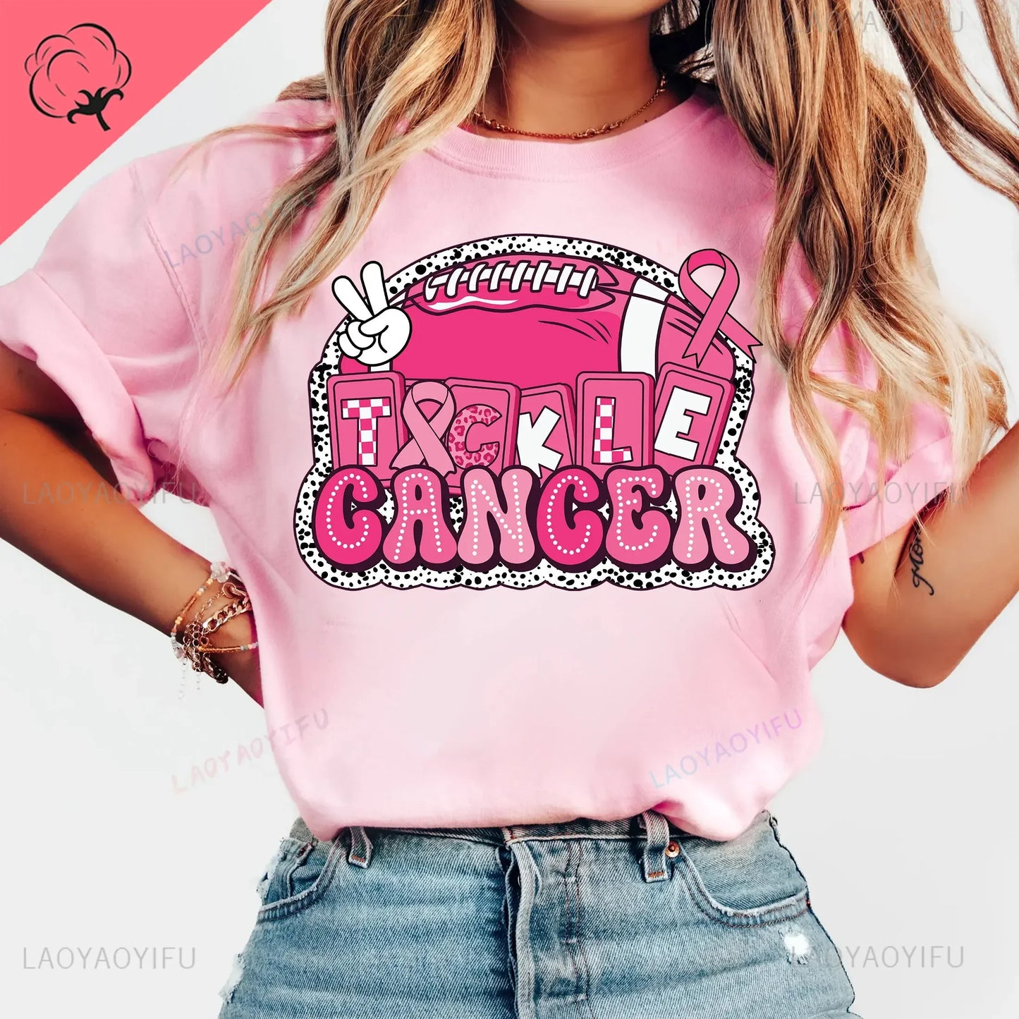 Breast Cancer Awareness Fight Print T Shirt in October We Wear Pink Awareness Ribbon Aesthetic Clothes Pink and White Tops Shirt