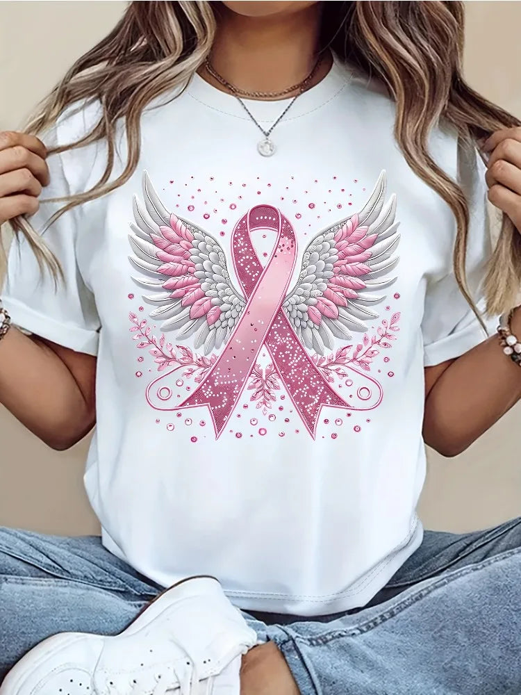 Women Breast Cancer Awareness Ribbon and Angel Wings Print T-Shirt Crew Neck Casual Top for Spring Summer and Fall Everyday Wear