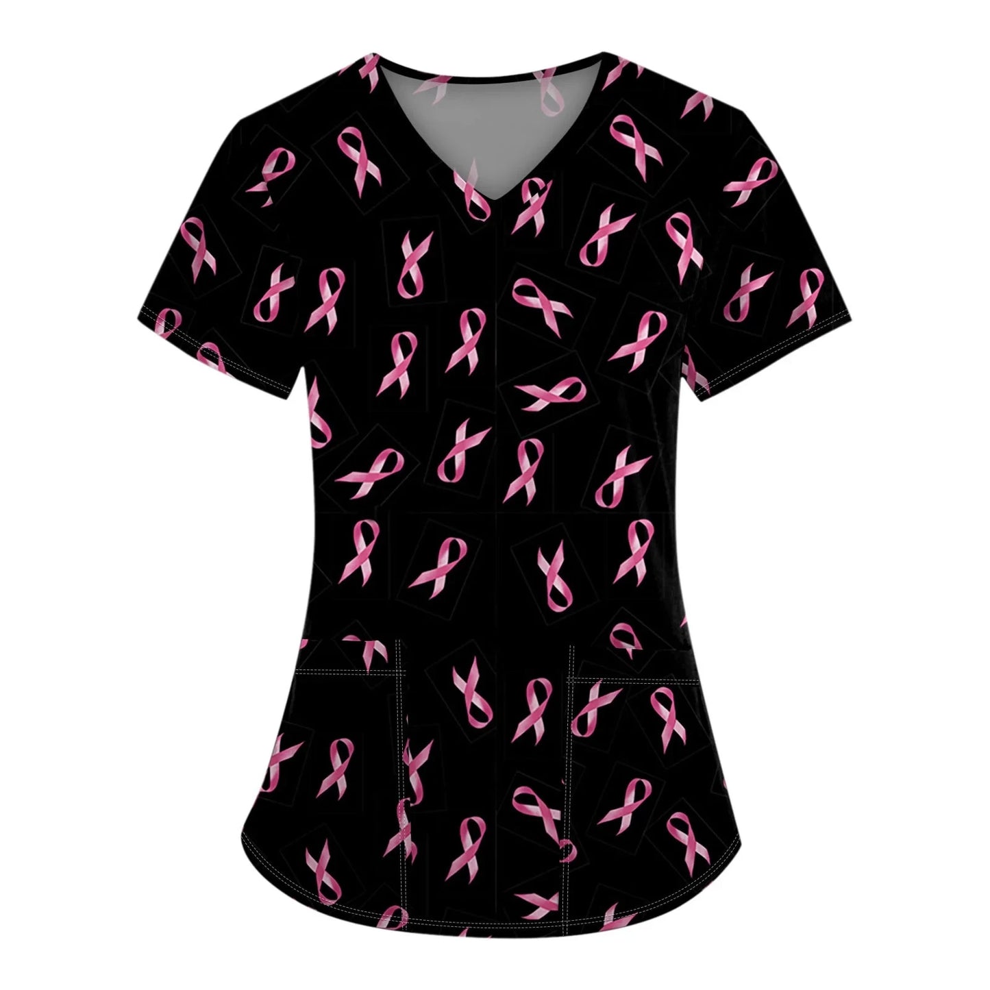 Scrub Medical Woman Breast Cancer Scrub Tops for Women V Neck Short Sleeve Cute Ribbon Prints Mock Blouse Black Medical Uniforms