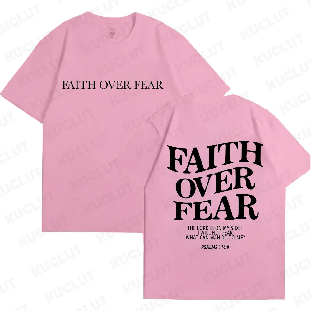 the FAITH OVER FEAR - Christian Women T-Shirts, Christian Clothes, Jesus Fashion Trendy T-Shirts Bible Verse Sportwear Aesthetic Clothes