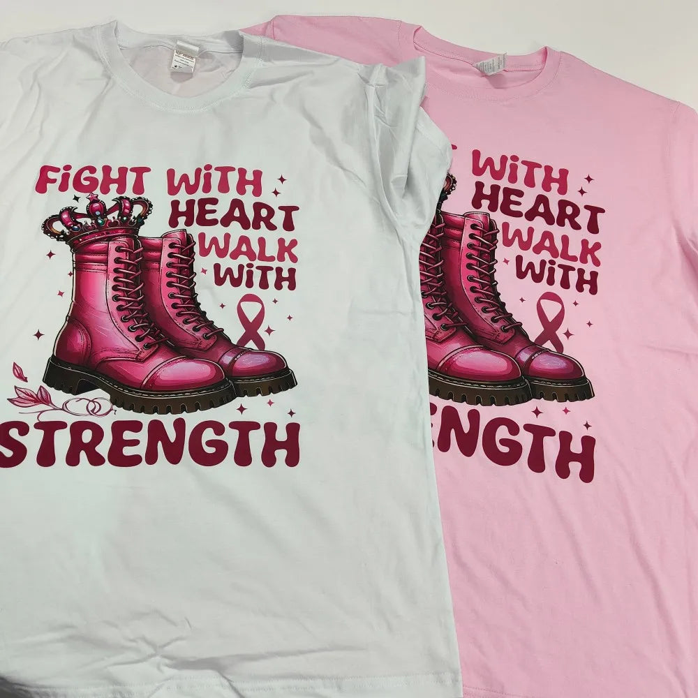 Fight with Heart Walk with Strength Shirt Breast Cancer Awareness Tshirt Cancer Fighter T-shirt October Pink Women Cotton Shirts