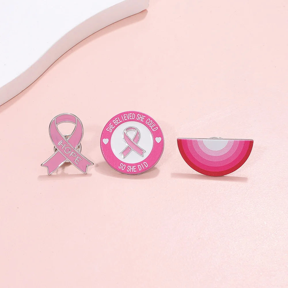 PBR098, 3 Pieces "She Believed She Could So She Did" Hope Pink Ribbon Breast Cancer Awareness Enamel Brooch Lapel Pin Badge