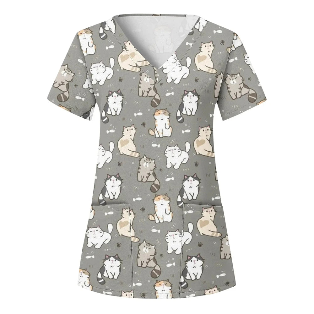 Wholesalers Clinical Uniform Woman Cat Cartoon Print Vet Nursing Tops V-Neck Short Sleeve with Pockets Tees Nurse Uniform Woman