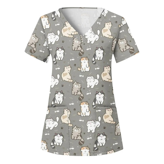Wholesalers Clinical Uniform Woman Cat Cartoon Print Vet Nursing Tops V-Neck Short Sleeve with Pockets Tees Nurse Uniform Woman
