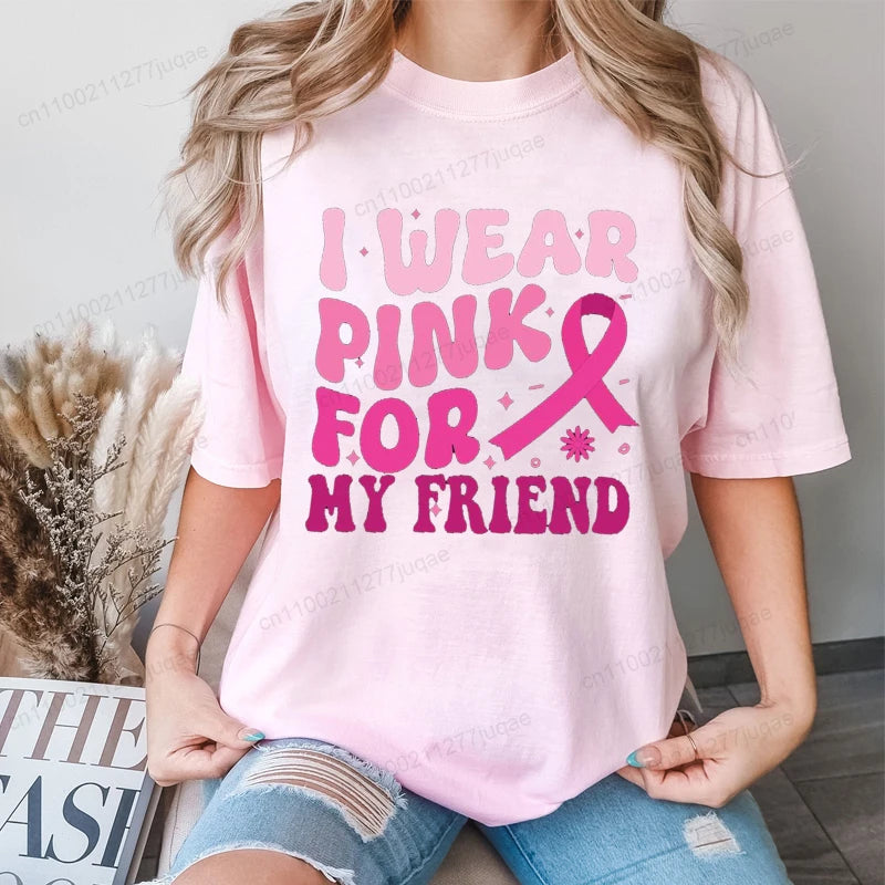 Breast Cancer Awareness Shirt for Women Pink Ribbon Support Tee Shirts Funny Casual T-Shirt Oversized TShirts Clothing Tops Tees