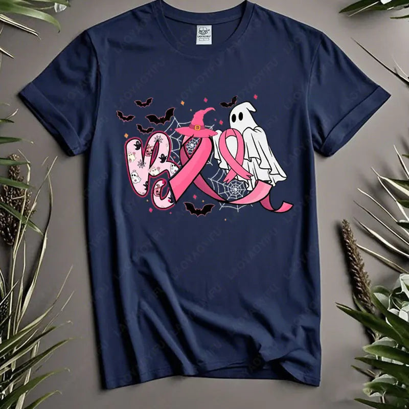 Boo Halloween Pumpkin Ghost Tee Men Women Cotton Tops in October We Wear Pink Ribbon Witch Roupas Breast Cancer Awareness Tshirt