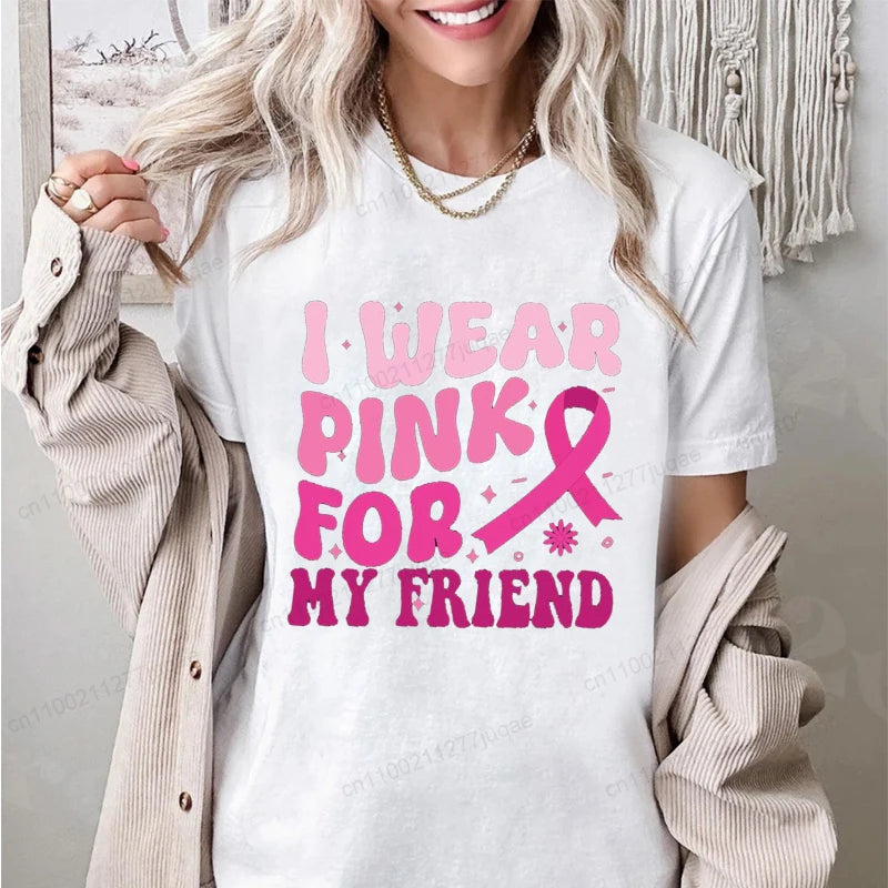 Breast Cancer Awareness Shirt for Women Pink Ribbon Support Tee Shirts Funny Casual T-Shirt Oversized TShirts Clothing Tops Tees