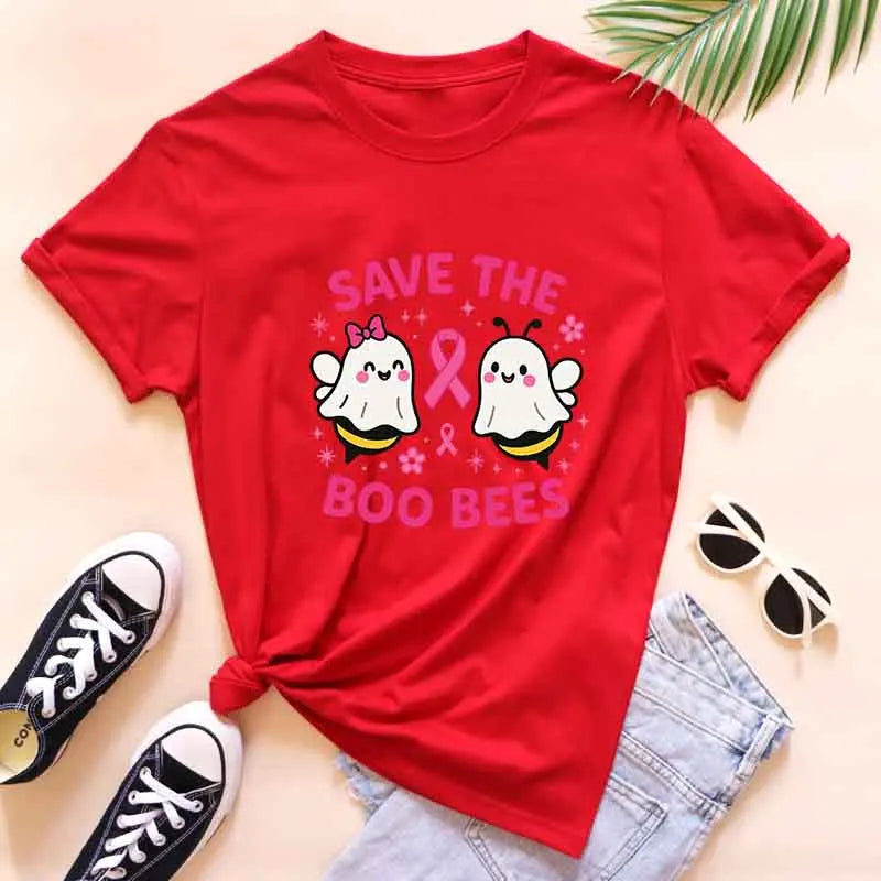 the SAVE THE BOO-BEES - Halloween "Save the Boo Bees" Tees, Funny Ghost Bee Breast Cancer Awareness T-Shirt, Cute Strong Women Pink Ribbon T-Shirt