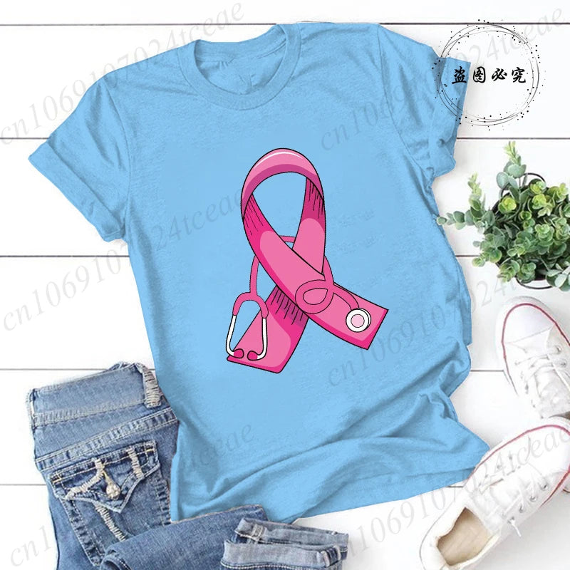 Breast Cancer Doctor Print Tshirt Women Breast Cancer Warrior Graphic Aesthetic T Shirt Pink Stethoscope Tshirt Ladies Clothing