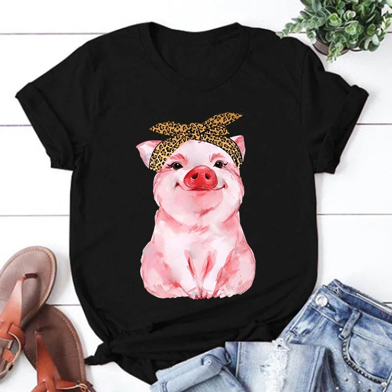 the LITTLE PIGGY - Cute Pig Print T-shirts for Women Summer Lovely Short Sleeve Casual Round Neck T-shirts Ladies Creative Personalized Tops