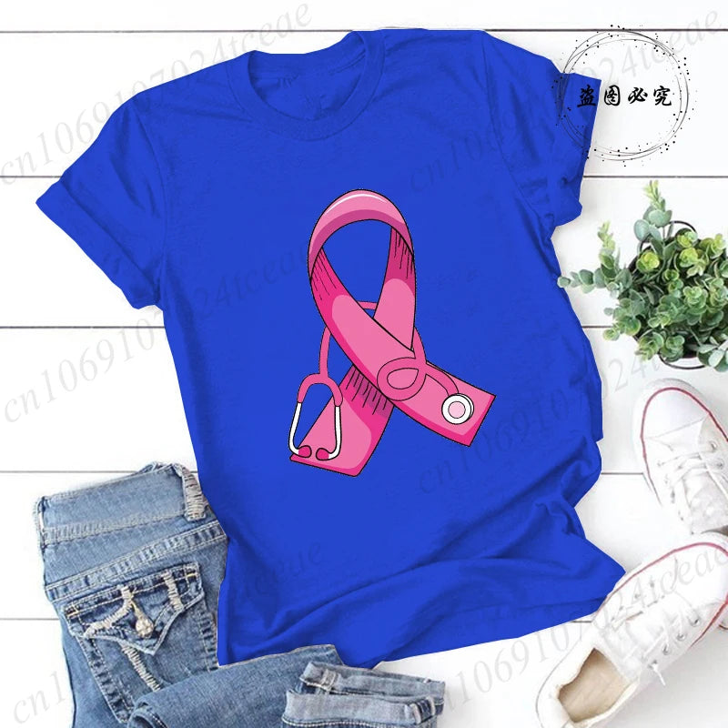 Breast Cancer Doctor Print Tshirt Women Breast Cancer Warrior Graphic Aesthetic T Shirt Pink Stethoscope Tshirt Ladies Clothing